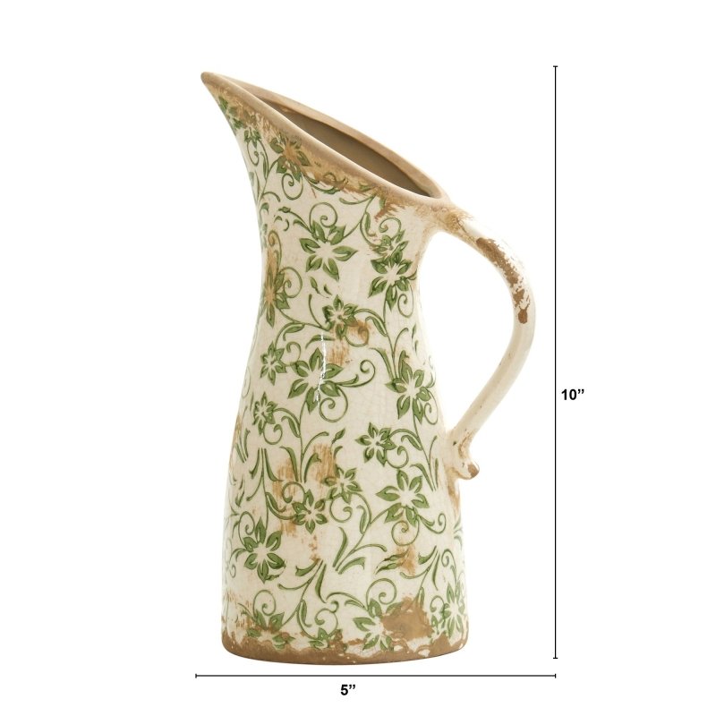 10” Tuscan Ceramic Green Scroll Pitcher Vase - FCHF CITY