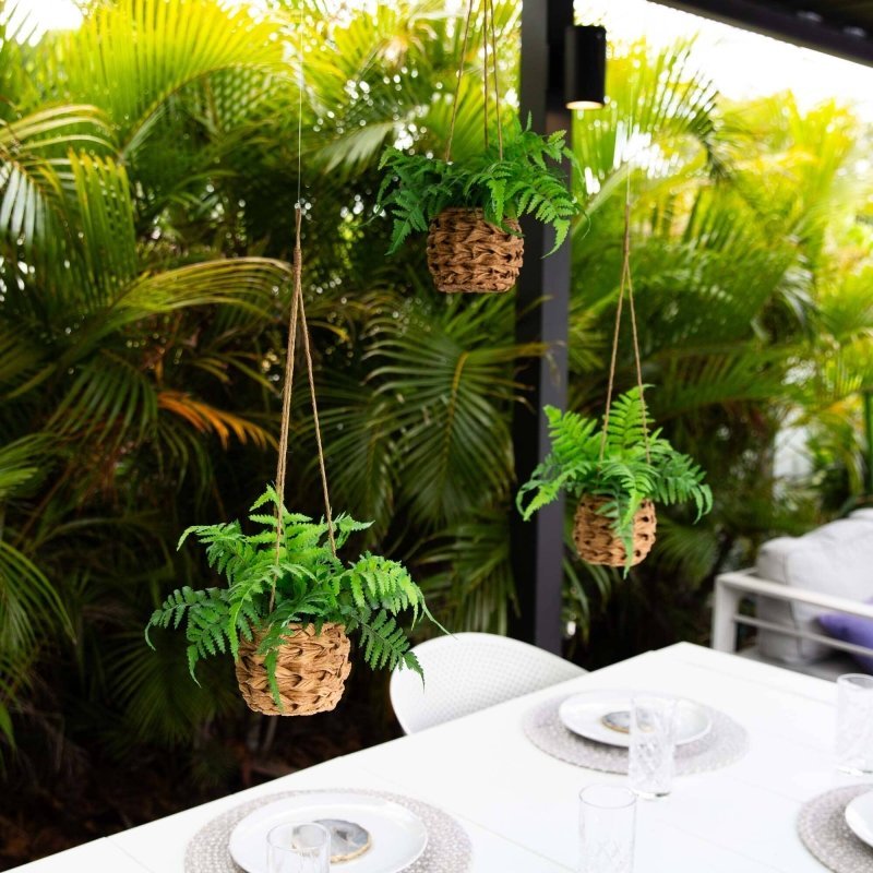 10” UV Resistant Artificial Boston Fern in Hanging Wicker Basket (Indoor/Outdoor) - Set of 3 - FCHF CITY