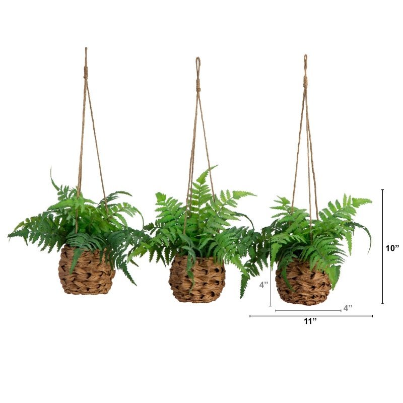 10” UV Resistant Artificial Boston Fern in Hanging Wicker Basket (Indoor/Outdoor) - Set of 3 - FCHF CITY