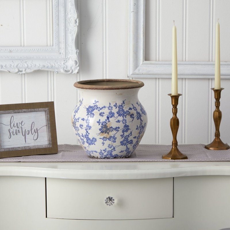 10.5” Tuscan Ceramic Blue Scroll Urn Vase - FCHF CITY