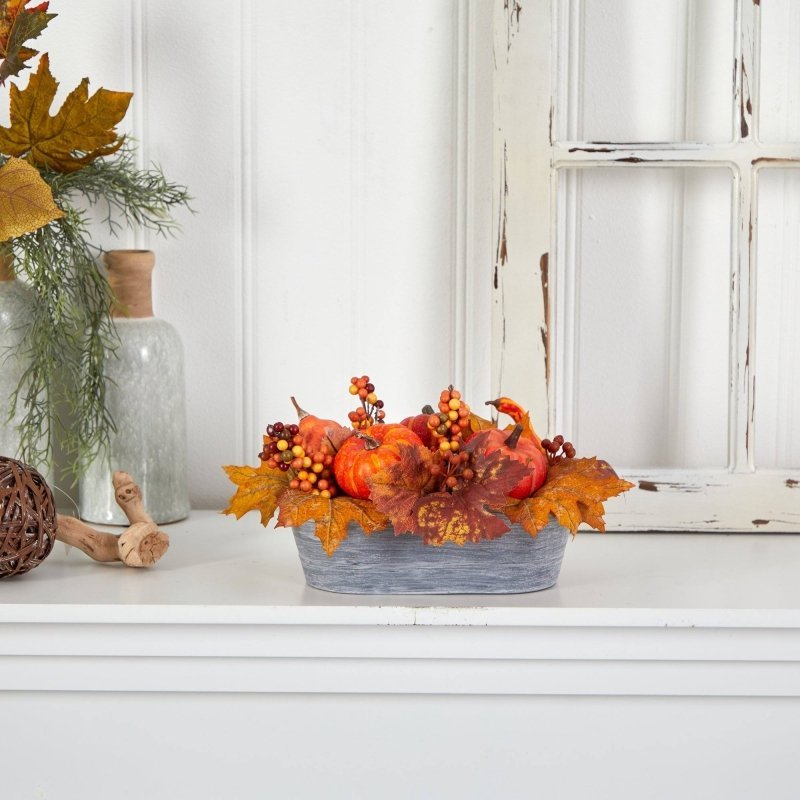 12” Fall Pumpkin and Berries Autumn Harvest Artificial Arrangement in Washed Vase - FCHF CITY