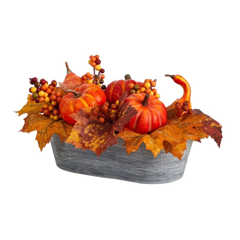 12” Fall Pumpkin and Berries Autumn Harvest Artificial Arrangement in Washed Vase - FCHF CITY