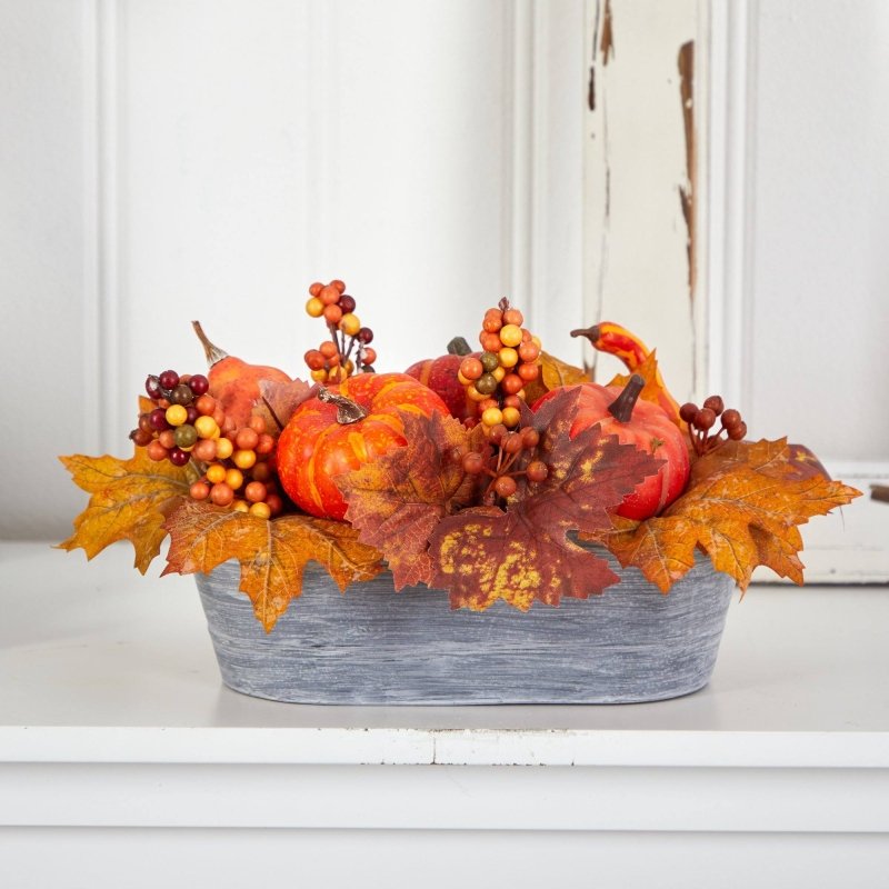 12” Fall Pumpkin and Berries Autumn Harvest Artificial Arrangement in Washed Vase - FCHF CITY