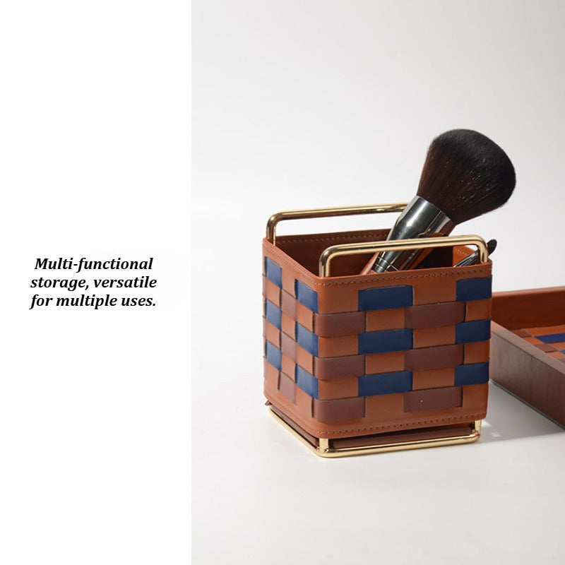 Modern Woven Checkered Storage Bin, Faux‑Leather Decor Organizer for Home
