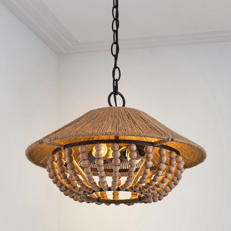2 - Light Farmhouse Pendant Light with Wood Beads - FCHF CITY