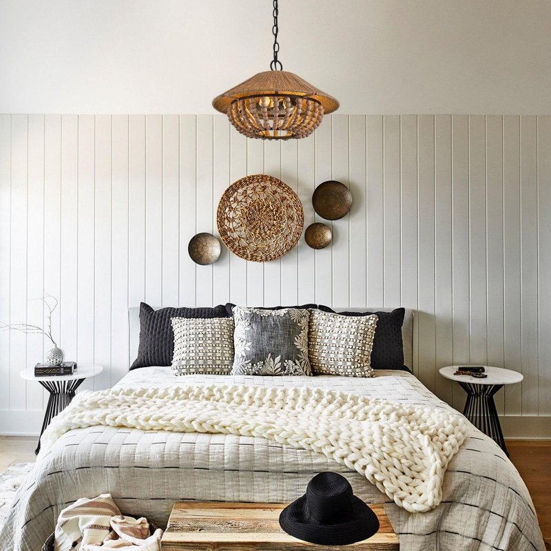 2 - Light Farmhouse Pendant Light with Wood Beads - FCHF CITY