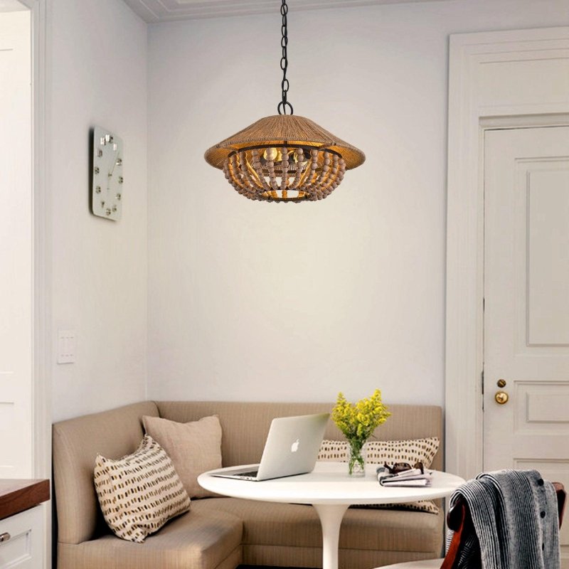 2 - Light Farmhouse Pendant Light with Wood Beads - FCHF CITY