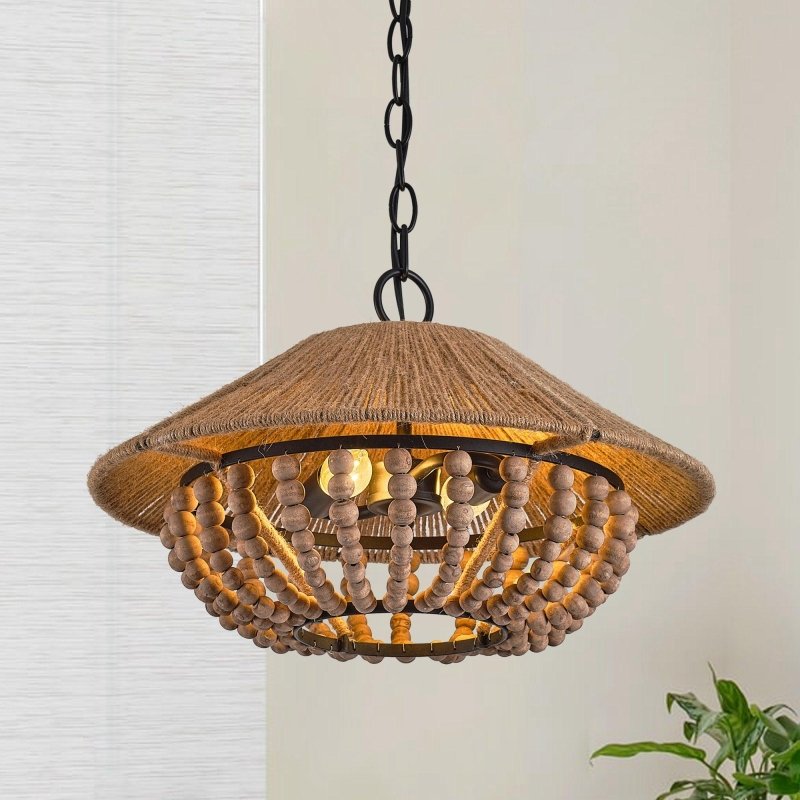 2 - Light Farmhouse Pendant Light with Wood Beads - FCHF CITY