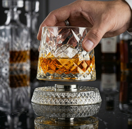 Crystal Embossed Rotating Whiskey Glass 2‑Pack