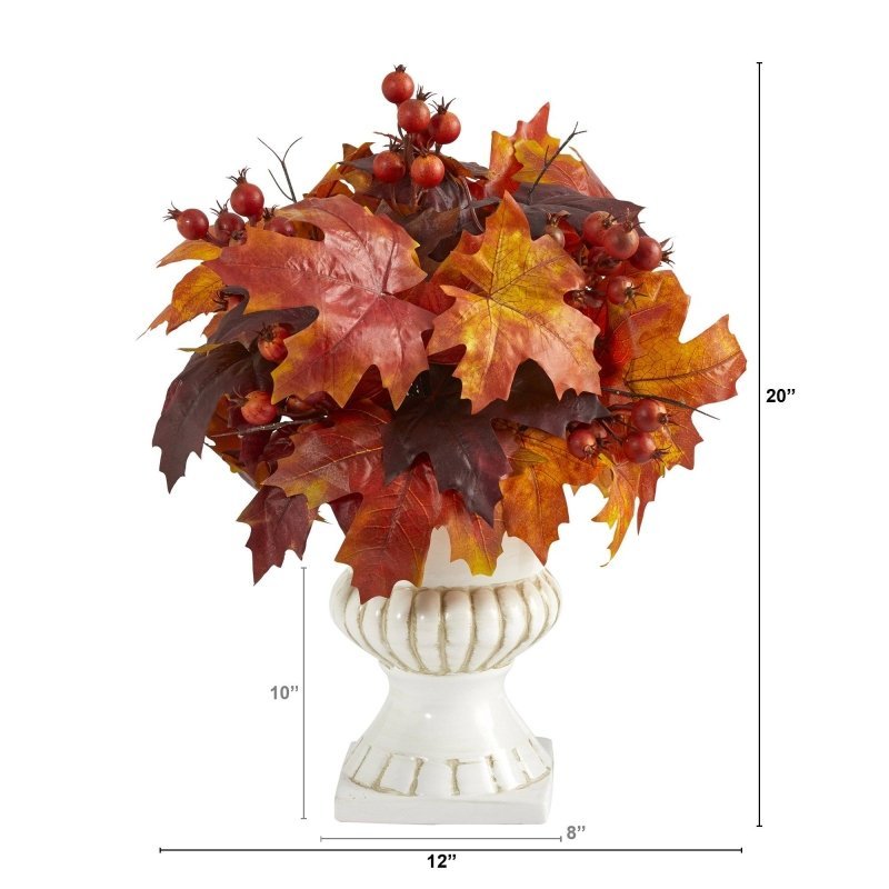 20” Autumn Maple Leaf and Berries Artificial Plant in White Urn - FCHF CITY