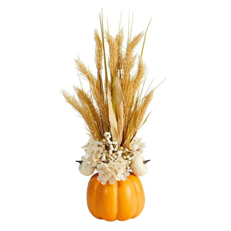 21” Autumn Dried Wheat and Pumpkin Artificial Fall Arrangement in Decorative Pumpkin Vase - FCHF CITY