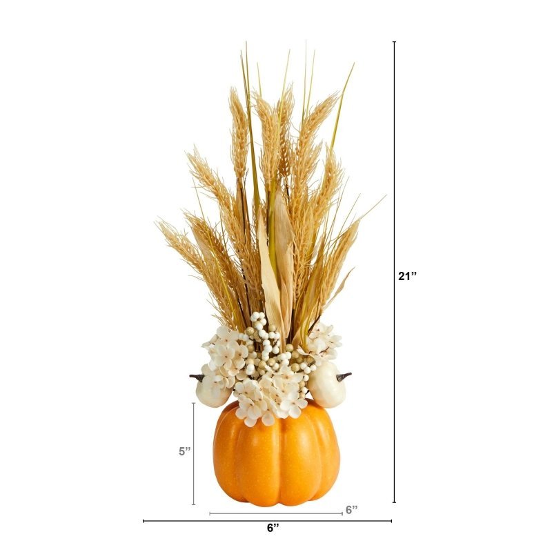21” Autumn Dried Wheat and Pumpkin Artificial Fall Arrangement in Decorative Pumpkin Vase - FCHF CITY