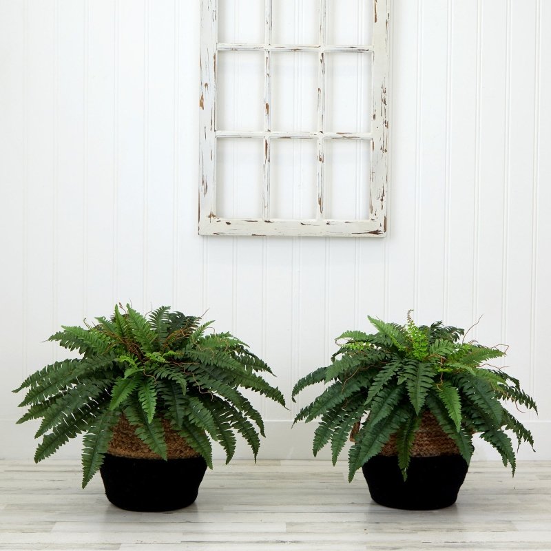 23" Artificial Boston Fern Plant with Handmade Jute & Cotton Basket DIY KIT - Set of 2 - FCHF CITY