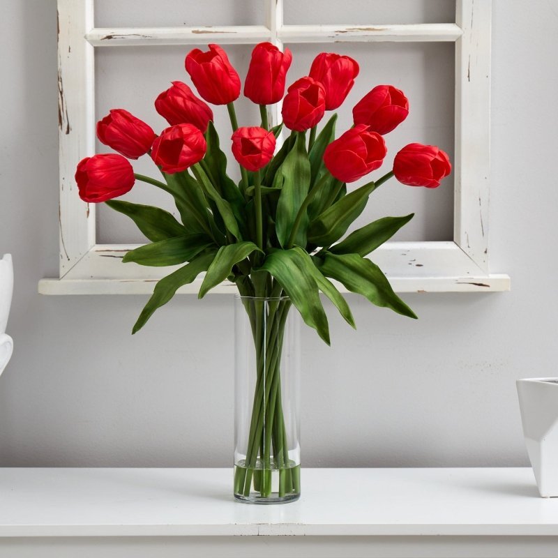 23” Artificial Tulip Arrangement with Cylinder Glass Vase - FCHF CITY