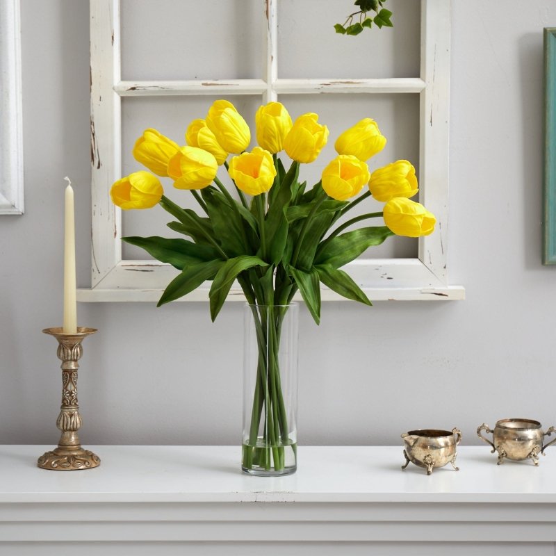 23” Artificial Tulip Arrangement with Cylinder Glass Vase - FCHF CITY