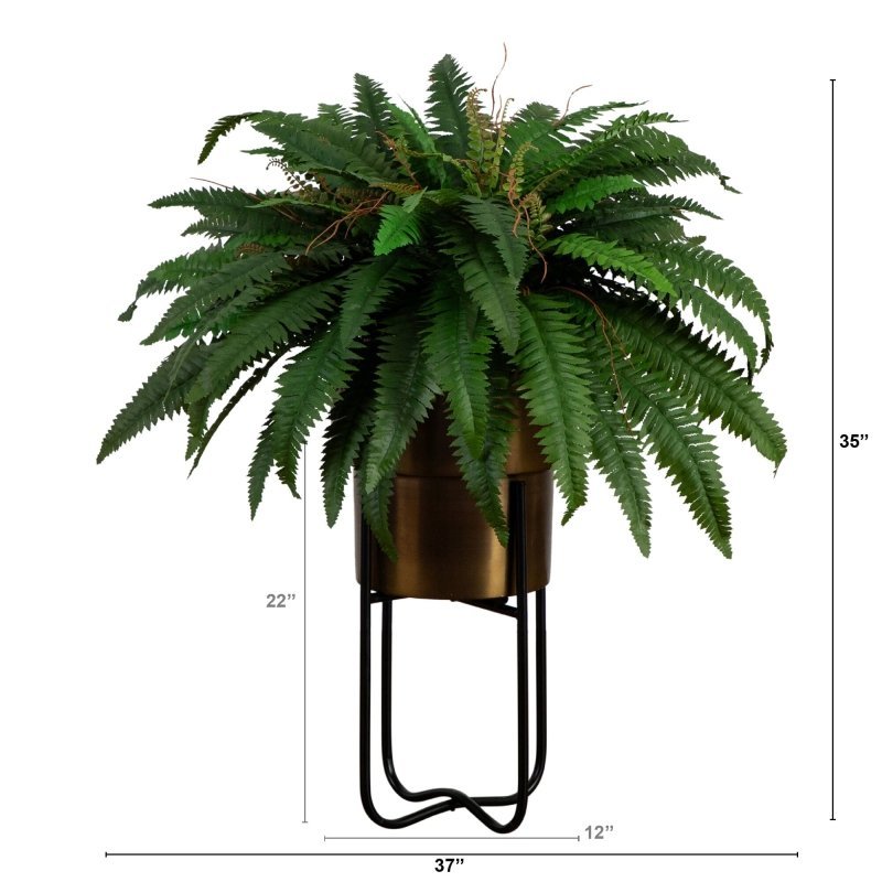 35” Artificial Boston Fern in Brass Metal Planter with Stand - FCHF CITY