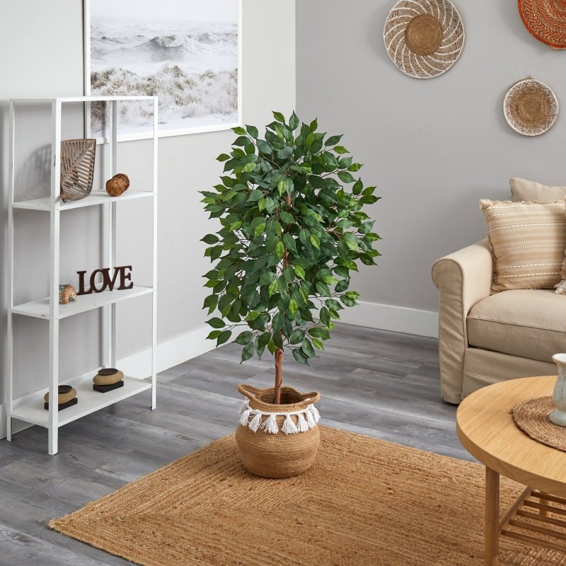 4’ Artificial Ficus Tree with Handmade Jute & Cotton Basket with Tassels - FCHF CITY