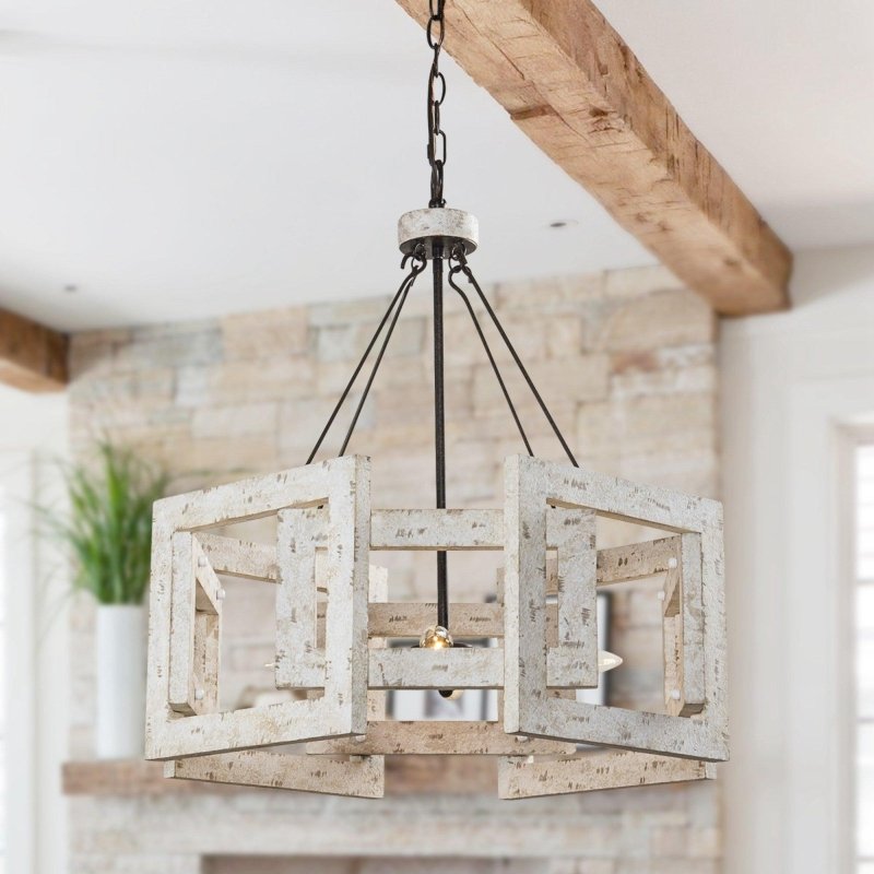 4 - Light Distressed White Wooden Drum Chandelier - FCHF CITY