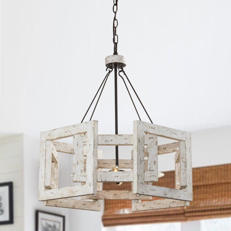 4 - Light Distressed White Wooden Drum Chandelier - FCHF CITY