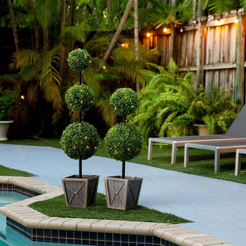 45" UV Resistant Artificial Triple Ball Boxwood Topiary with LED Lights in Decorative Planter (Indoor/Outdoor) - FCHF CITY
