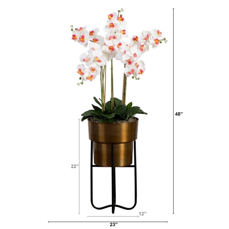 48” Artificial Orchid Arrangement in Brass Metal Planter with Stand - FCHF CITY