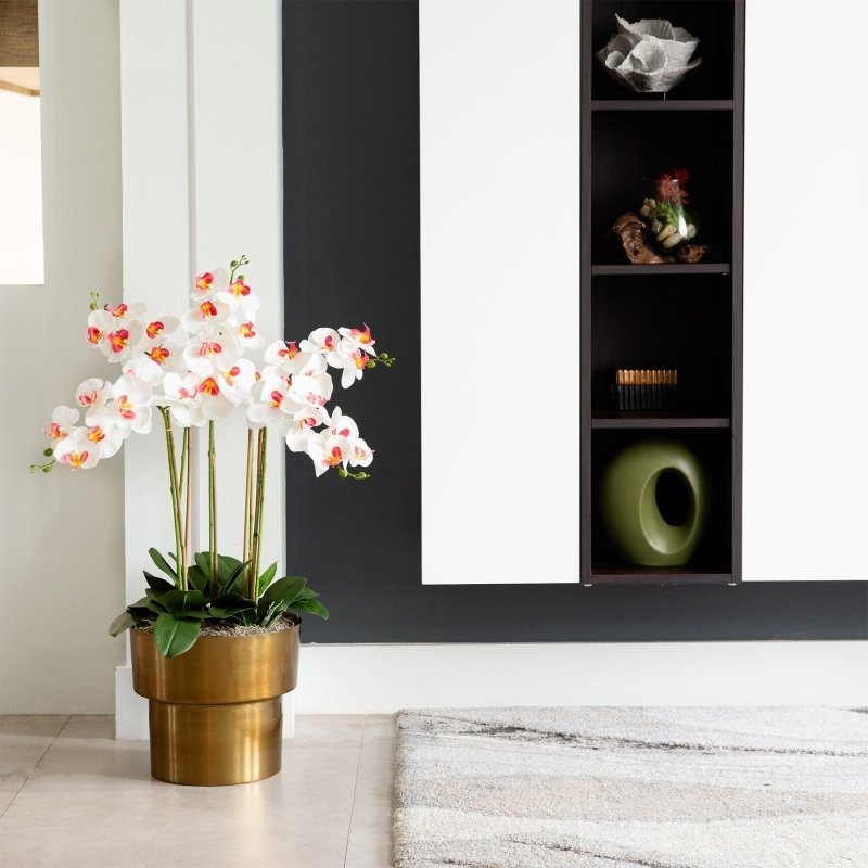 48” Artificial Orchid Arrangement in Brass Metal Planter with Stand - FCHF CITY
