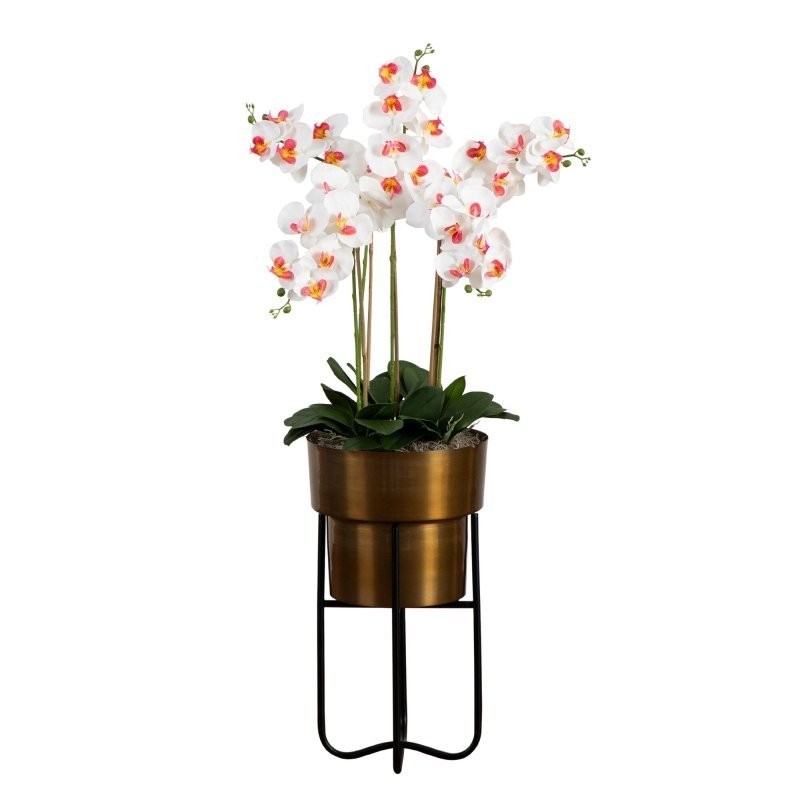 48” Artificial Orchid Arrangement in Brass Metal Planter with Stand - FCHF CITY