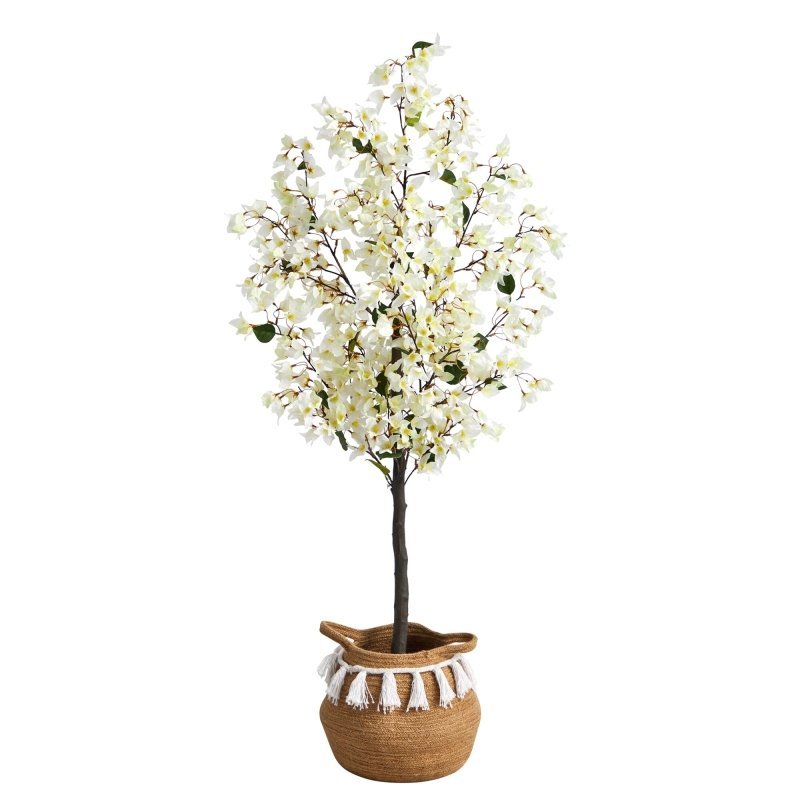 5’ Artificial Bougainvillea Tree with Handmade Jute & Cotton Basket with Tassels - FCHF CITY