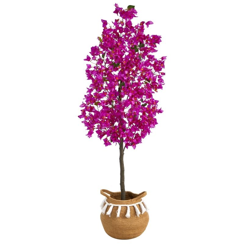 5’ Artificial Bougainvillea Tree with Handmade Jute & Cotton Basket with Tassels - FCHF CITY