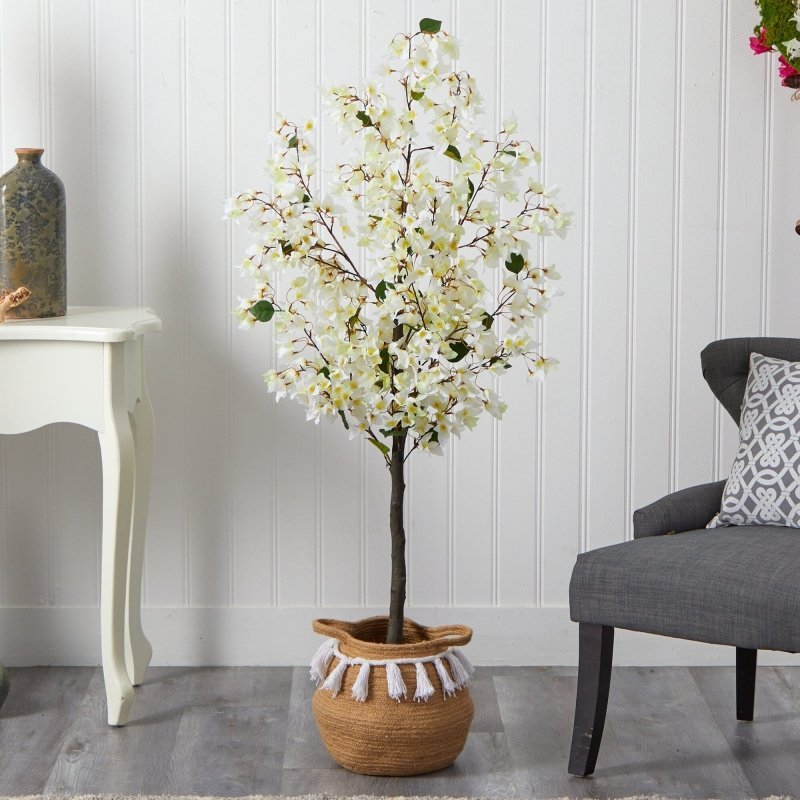 5’ Artificial Bougainvillea Tree with Handmade Jute & Cotton Basket with Tassels - FCHF CITY