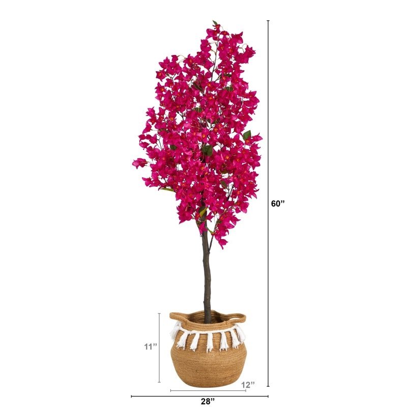 5’ Artificial Bougainvillea Tree with Handmade Jute & Cotton Basket with Tassels - FCHF CITY