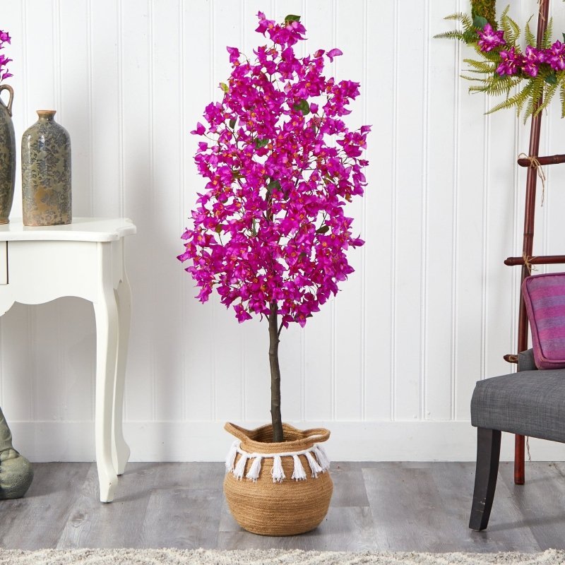 5’ Artificial Bougainvillea Tree with Handmade Jute & Cotton Basket with Tassels - FCHF CITY