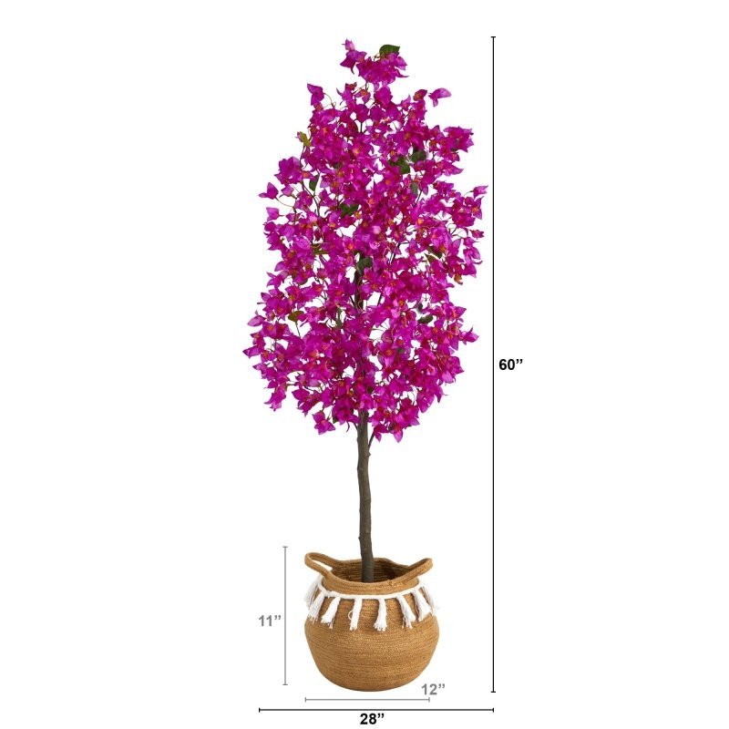 5’ Artificial Bougainvillea Tree with Handmade Jute & Cotton Basket with Tassels - FCHF CITY
