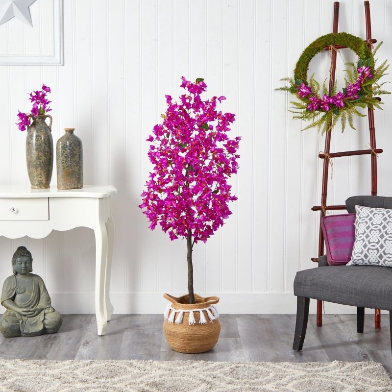 5’ Artificial Bougainvillea Tree with Handmade Jute & Cotton Basket with Tassels - FCHF CITY