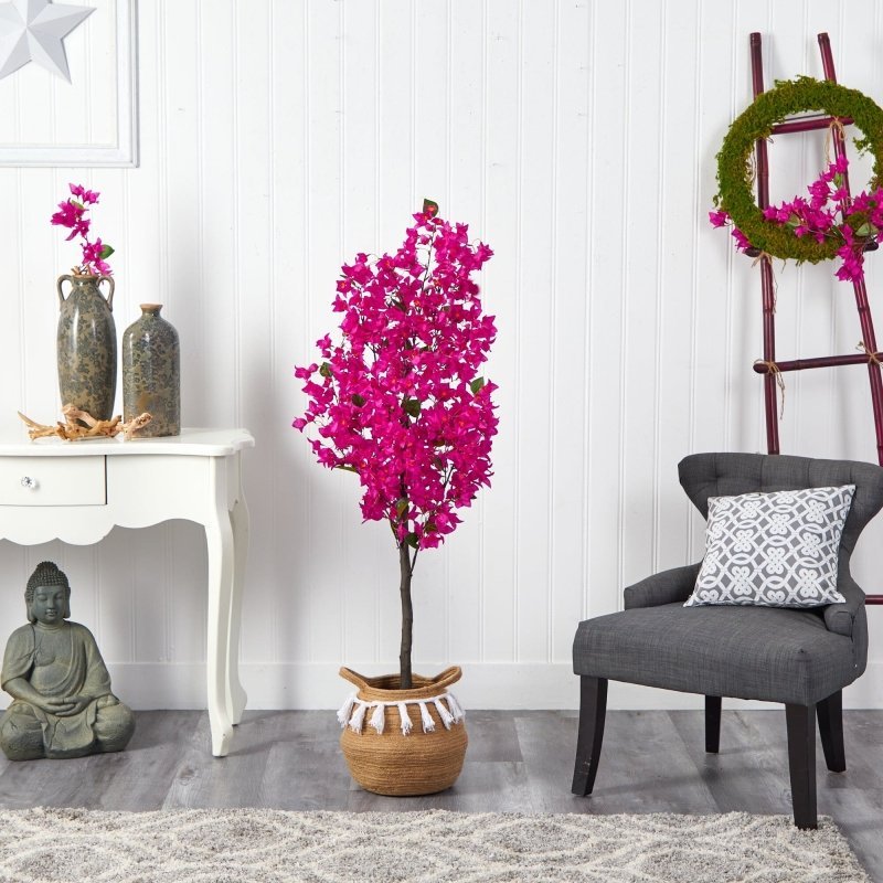 5’ Artificial Bougainvillea Tree with Handmade Jute & Cotton Basket with Tassels - FCHF CITY