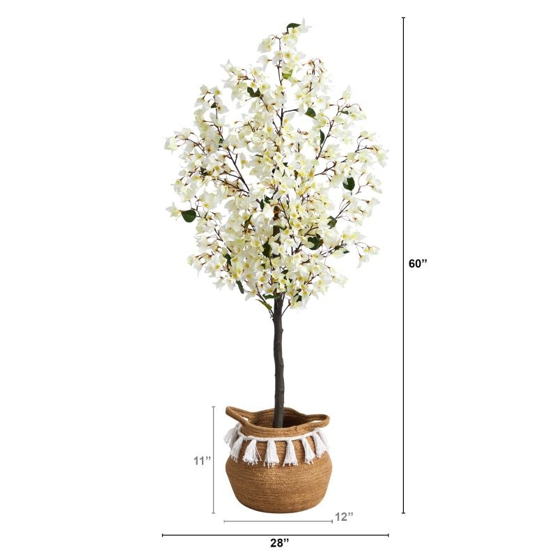 5’ Artificial Bougainvillea Tree with Handmade Jute & Cotton Basket with Tassels - FCHF CITY