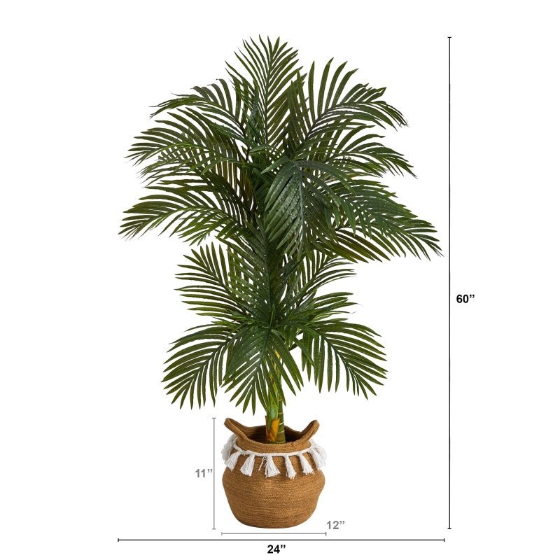 5’ Artificial Double Stalk Golden Cane Palm Tree with Handmade Woven Cotton Basket - FCHF CITY