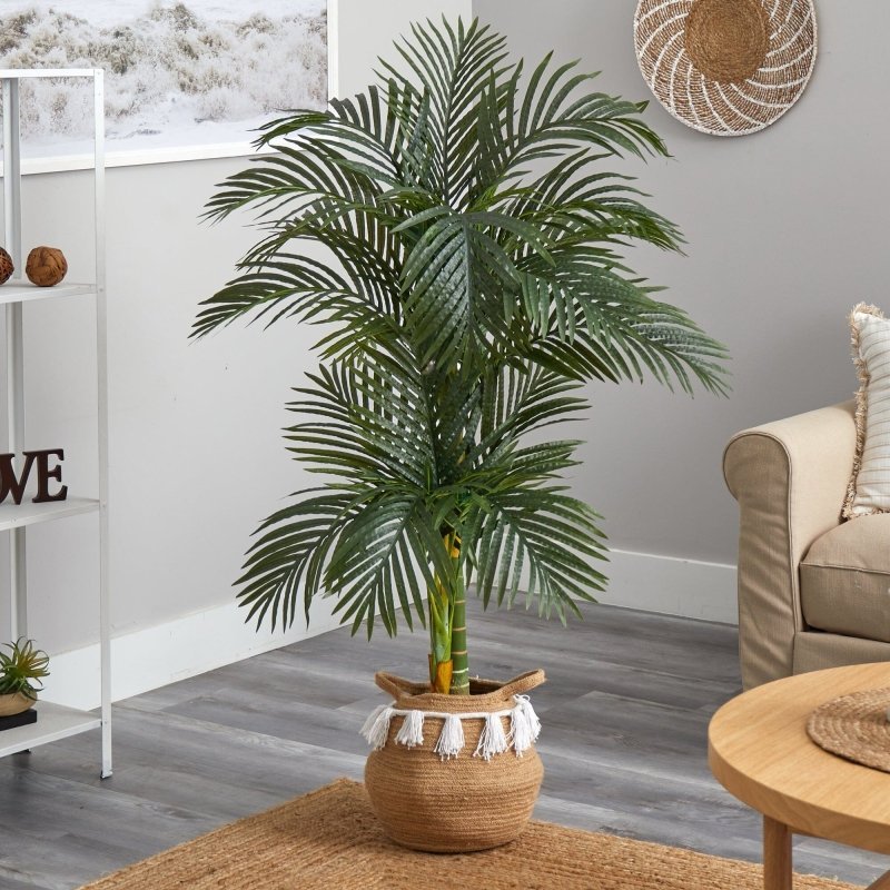 5’ Artificial Double Stalk Golden Cane Palm Tree with Handmade Woven Cotton Basket - FCHF CITY