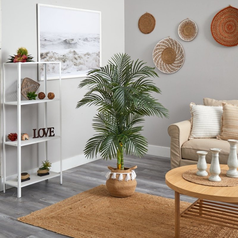 5’ Artificial Double Stalk Golden Cane Palm Tree with Handmade Woven Cotton Basket - FCHF CITY