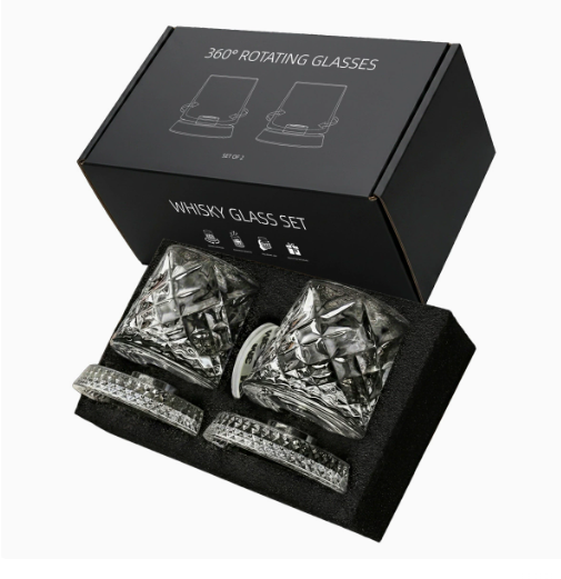 Crystal Embossed Rotating Whiskey Glass 2‑Pack