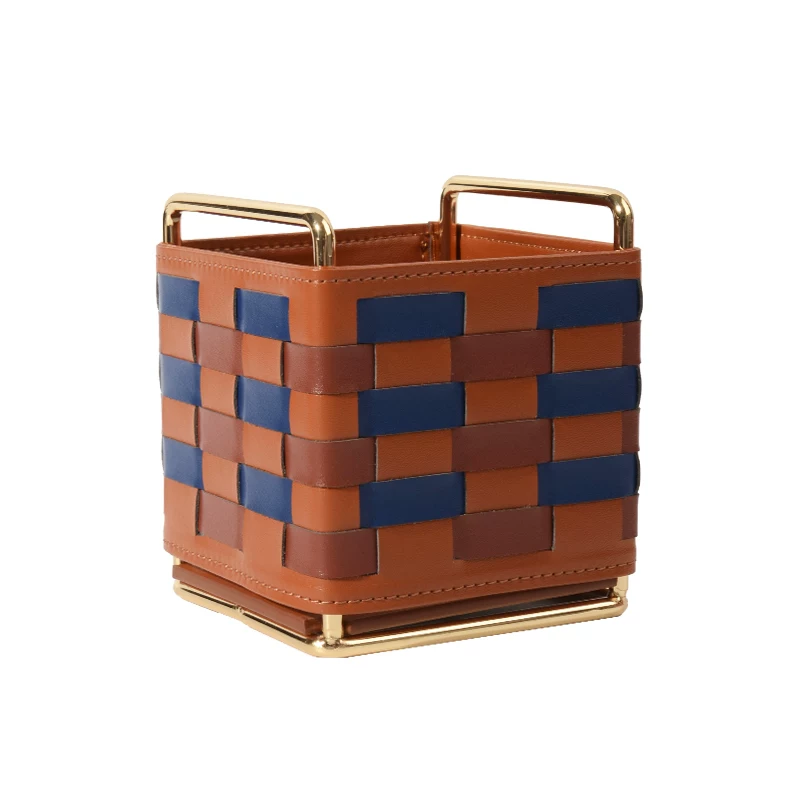 Modern Woven Checkered Storage Bin, Faux‑Leather Decor Organizer for Home