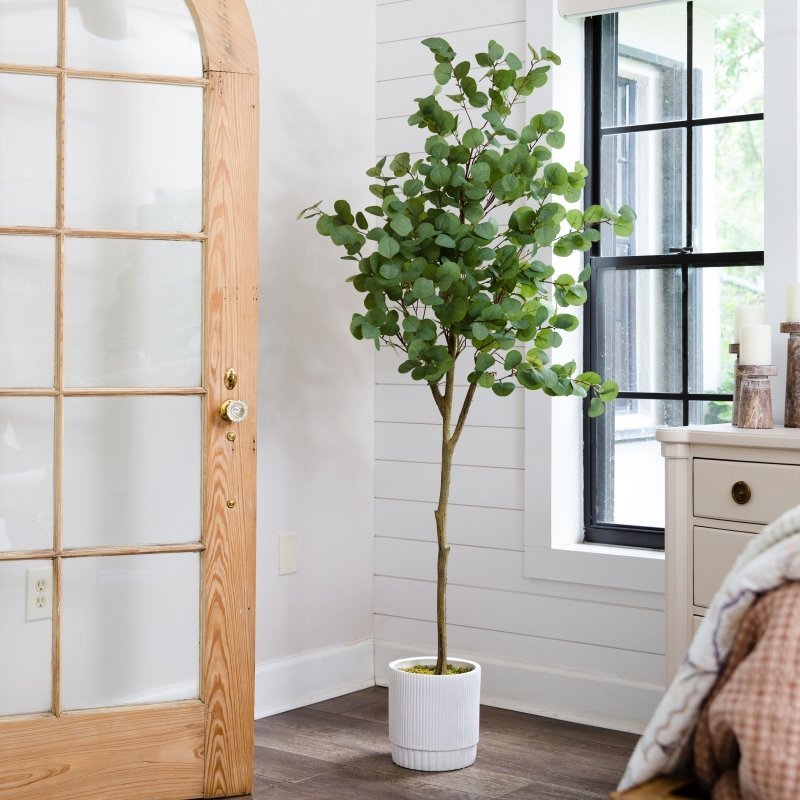 6’ Artificial Eucalyptus Tree with White Decorative Planter - FCHF CITY