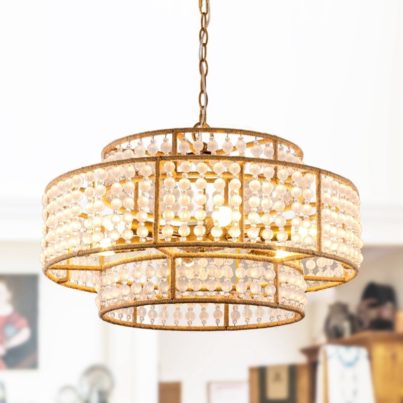 6 - Light Antique Gold Farmhouse Drum Beaded Chandelier with Rope Accents - FCHF CITY