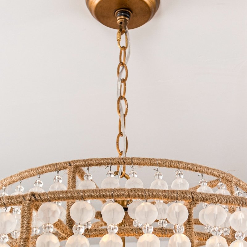 6 - Light Antique Gold Farmhouse Drum Beaded Chandelier with Rope Accents - FCHF CITY