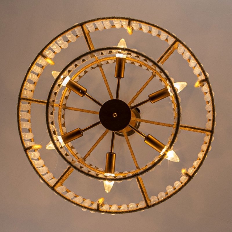 6 - Light Antique Gold Farmhouse Drum Beaded Chandelier with Rope Accents - FCHF CITY