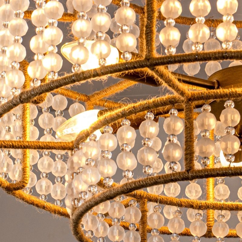 6 - Light Antique Gold Farmhouse Drum Beaded Chandelier with Rope Accents - FCHF CITY