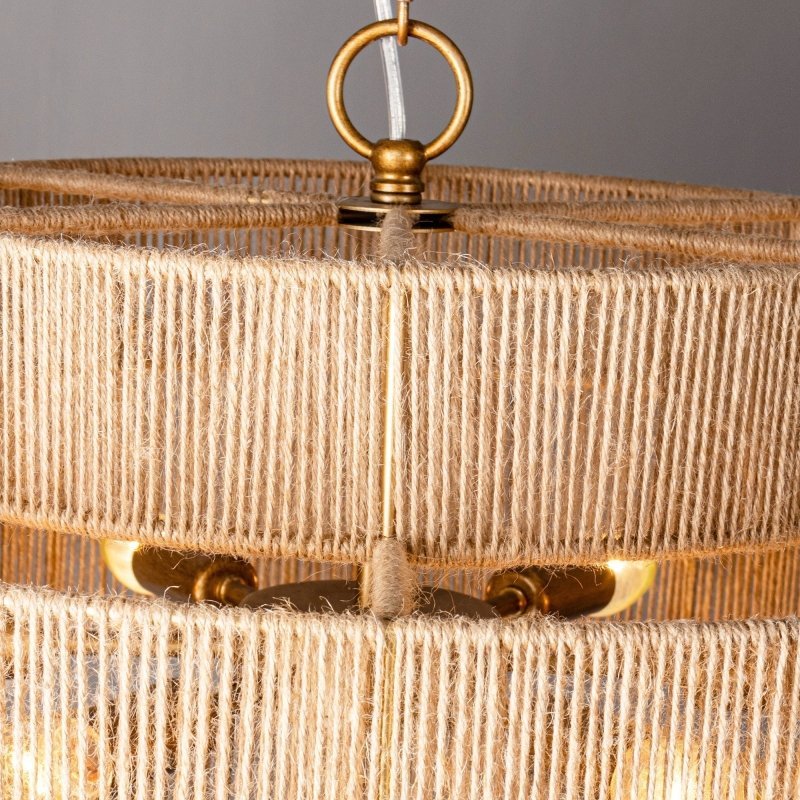 Bohemian Antique Gold 6 - Light Drum Downrod Mount with Natural Rope Shade - FCHF CITY