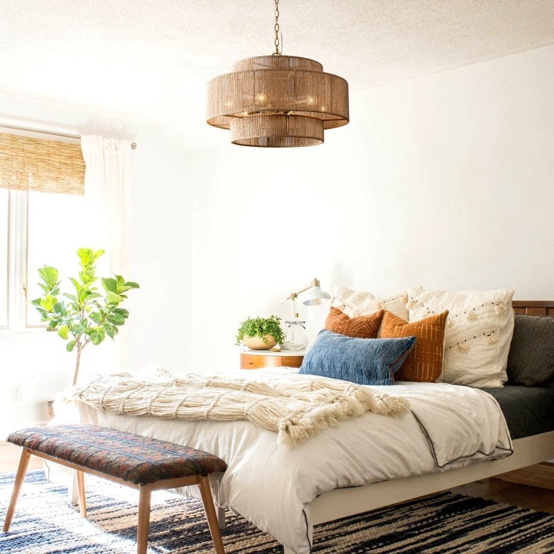 Bohemian Antique Gold 6 - Light Drum Downrod Mount with Natural Rope Shade - FCHF CITY