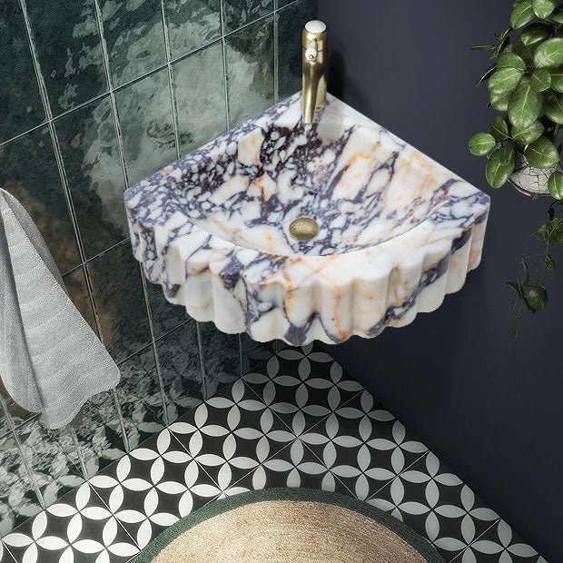 Calacatta Viola Marble Wall - mount Bathroom Corner Vanity Sink Ribbed - FCHF CITY
