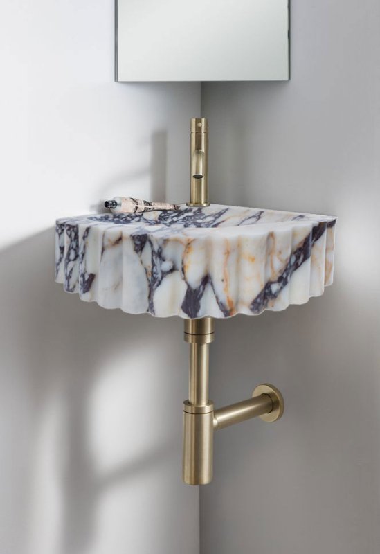 Calacatta Viola Marble Wall - mount Bathroom Corner Vanity Sink Ribbed - FCHF CITY